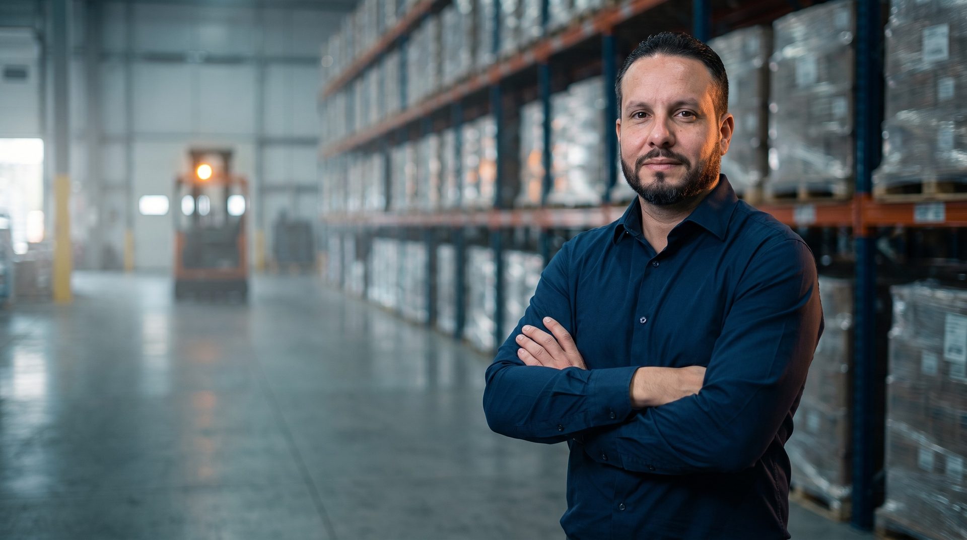 Breno Orlandini de braços cruzados num centro de distribuição, empilhadeira ao fundo